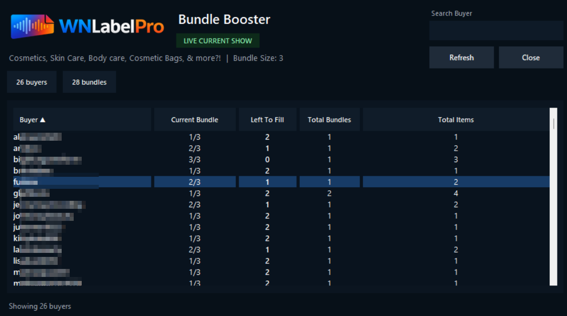 WNLabelPro Bundle Booster showing buyer search, sortable columns, current bundle progress, and remaining spots