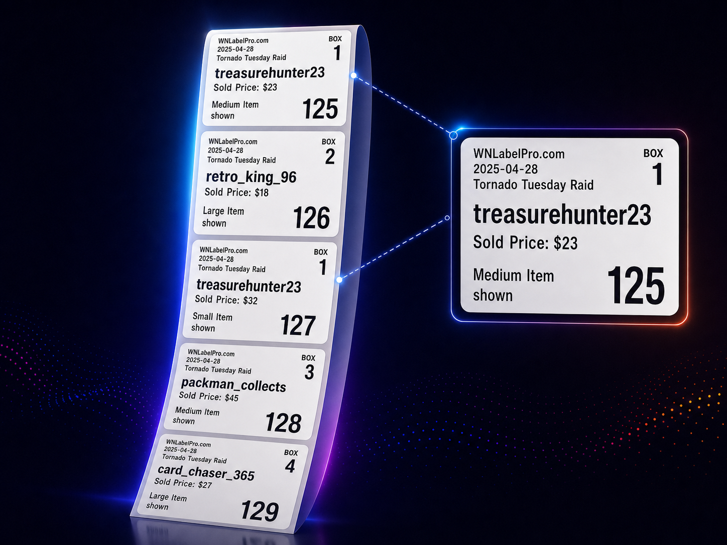WNLabelPro label output showcase with assigned box numbers and repeat-buyer flow